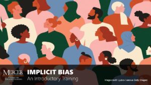 A graphic illustration of people of various dress, skin color, and gender standing in a crowd with heads facing either write or left. Profile outlines of their face are visible, but not facial features. The image is a thumbnail for a training entitled Implicit Bias: An Introductory Training