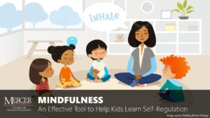I graphic illustration of a woman sitting on a rug in a classroom with four young children. All people are sitting with legs crossed, eyes closed, hands folded in lap, and a peaceful look on their faces. The image is a thumbnail linking to a training entitled Mindfulness: An Effective Tool to Help Kids Learn Self-Regulation